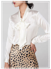 Women's 100% Silk Blouse with Elegant Bow Tie Neck Silk Top