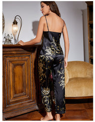 Luxury Silk Pajama Set For Women Flower Printed Cowl Neck Sleepwear