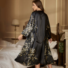 Deep V Neck Nightwear Silk Printing Silk Robe Set