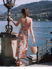 Floral Print Silk Slip Midi Camisole Dress with Tie Shoulder Straps