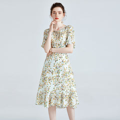 Floral Silk Midi Dress with Tie Neck and Ruffle Hem