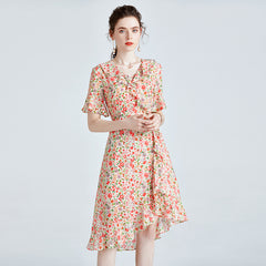 Asymmetrical Hem Silk Floral Wrap Dress with Flutter Sleeves & Ruffle Trim