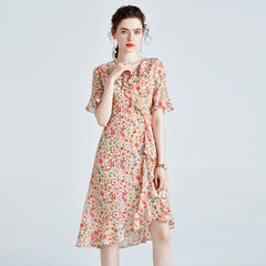 Asymmetrical Hem Silk Floral Wrap Dress with Flutter Sleeves & Ruffle Trim