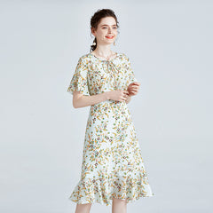 Floral Silk Midi Dress with Tie Neck and Ruffle Hem