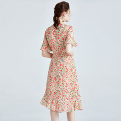 Asymmetrical Hem Silk Floral Wrap Dress with Flutter Sleeves & Ruffle Trim