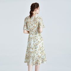 Floral Silk Midi Dress with Tie Neck and Ruffle Hem