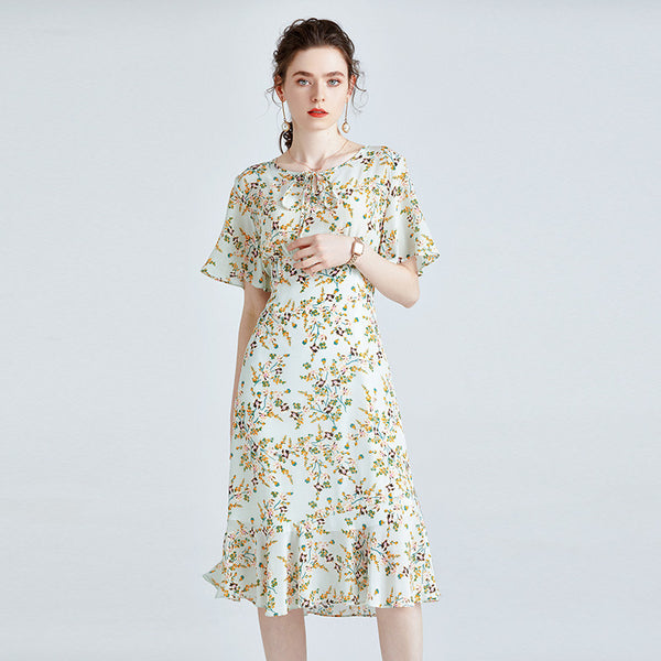 Mulberry Silk High-End Printed Short-Sleeved Dress Slim Waist Mid-Length Dress, Green / M Mulberry Silk High-End Printed Short-Sleeved Dress Slim Waist Mid-Length Dress, Green / M