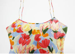Floral Print Silk Slip Midi Camisole Dress with Tie Shoulder Straps