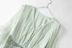 100% Mulberry Silk V-neck Embellished Button Front Waist Maxi Dress