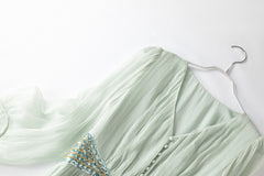 100% Mulberry Silk V-neck Embellished Button Front Waist Maxi Dress