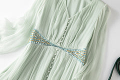 100% Mulberry Silk V-neck Embellished Button Front Waist Maxi Dress