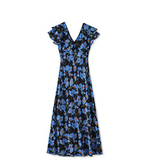 100% Silk V-Neck Ruffle Sleeve A-Line Black Floral Maxi Dress