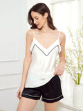 22 Momme Black And White Contrast Color Silk Camisole  Set