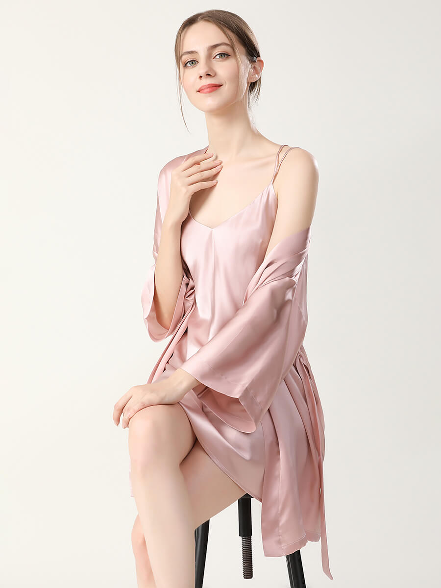 22 Momme Double Shoulder Strap Silk Chemise and Nightgown Robe Set