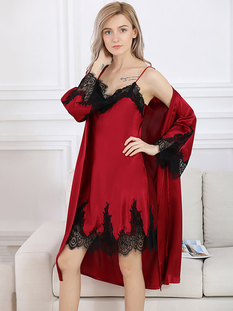 Sexy Lace Trimmed Long Silk Chemise and Robe Set