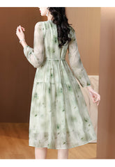 Light Green Floral Silk Midi V-Neck Button Front Belted Silk Dress
