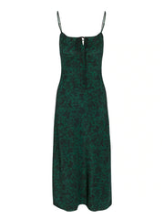 100% Silk Green Paisley Print Floral Pattern Slip Midi Dress with Tie Front