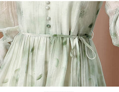 Light Green Floral Silk Midi V-Neck Button Front Belted Silk Dress