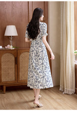 V-Neck 100% Silk Floral Printed Puff Sleeves Wrap Midi Dress