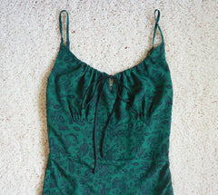 100% Silk Green Paisley Print Floral Pattern Slip Midi Dress with Tie Front