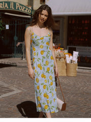 Summer 100% Silk Orange Print Slip Midi Dress with Tie Shoulder Straps