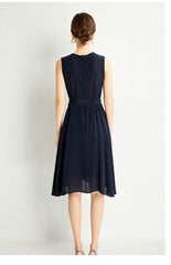 V-Neck Wrap Sleeveless A-Line Silk Midi Dress with Tie Waist