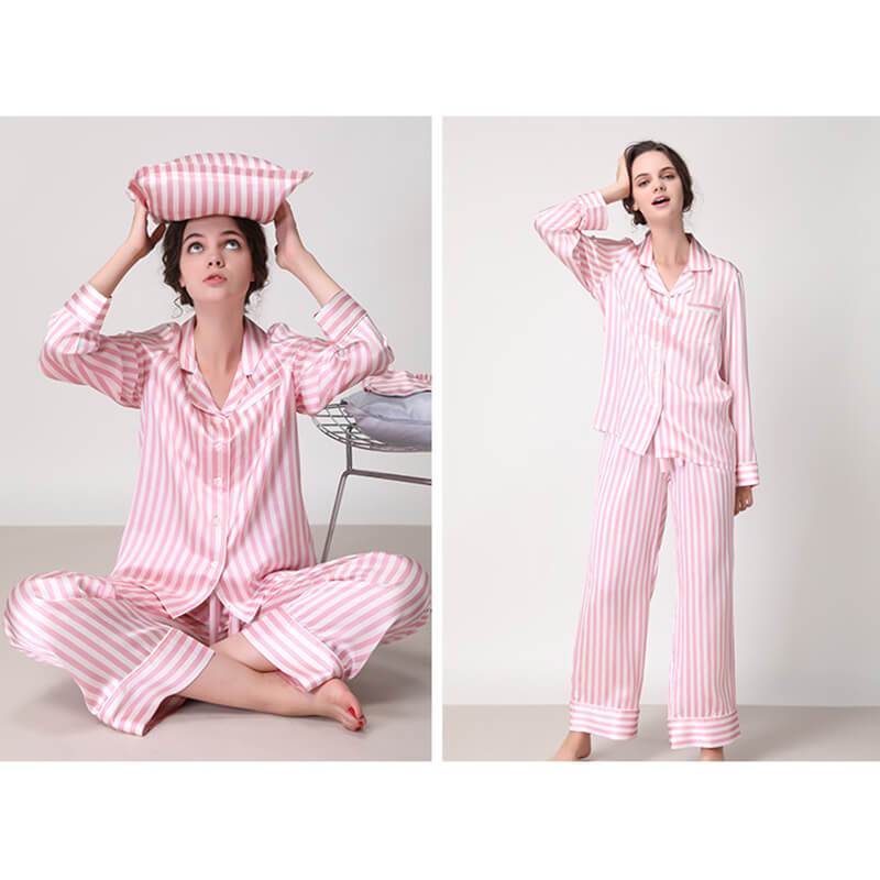 100 % Seidenpyjama für Damen, schwarz-weiß gestreifte Seidenpyjamas, Nachtwäsche-Sets