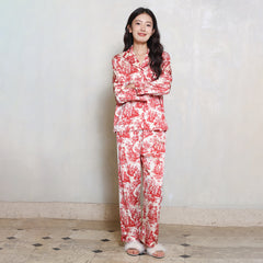 Red Toile Unique Printed Short & Long Women's Silk Pajama Set Bridesmaids