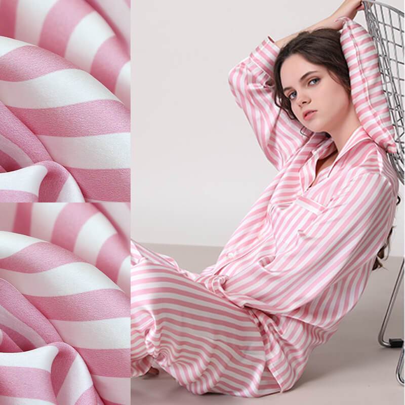 100 % Seidenpyjama für Damen, schwarz-weiß gestreifte Seidenpyjamas, Nachtwäsche-Sets