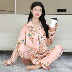 Pajama en soie imprimé de luxe Déglage de longues vêtements de nuit en soie