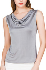 Women's Sleeveless Cowl Neck Pure Silk Tops Summer Silk Tank T-Shirt