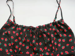 Silk Black Rose Print Slim Fit Slip Midi Dress with Spaghetti Straps