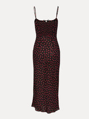 Silk Black Rose Print Slim Fit Slip Midi Dress with Spaghetti Straps