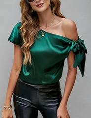 Women's One-Shoulder 100% Silk Top with Bow Sleeve
