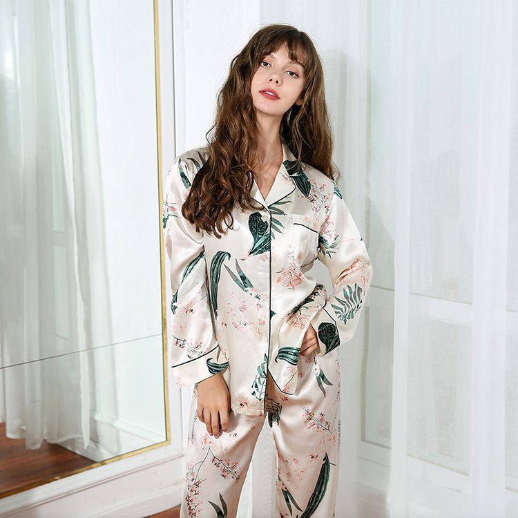 Long Flower Print Mulberry  Luxury Silk Sleepwear Best Silk Pajama Set For Women