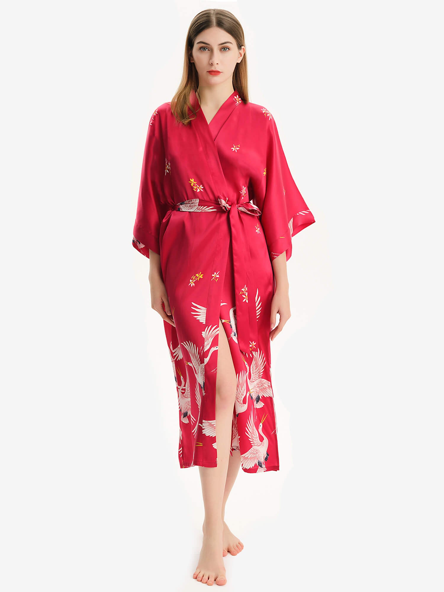 Claret Crane Printed Womens Long Mulberry Silk Kimono  Robe