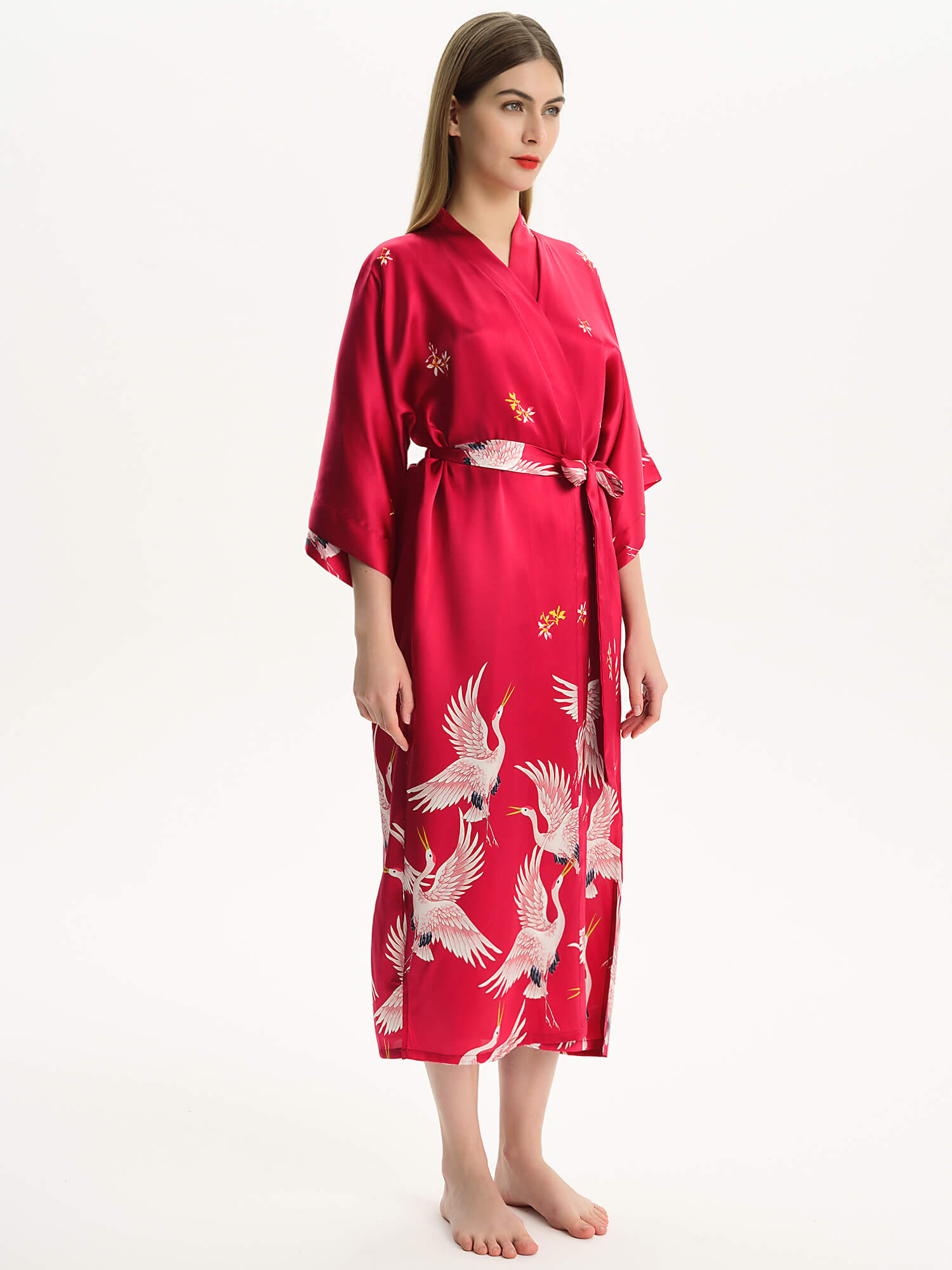 Claret Crane Printed Womens Long Mulberry Silk Kimono  Robe