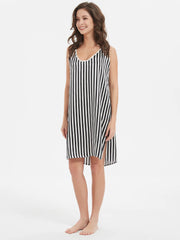 22 Momme Schwarz -Weiß gestreiftes Seidenchemise Nachthemd