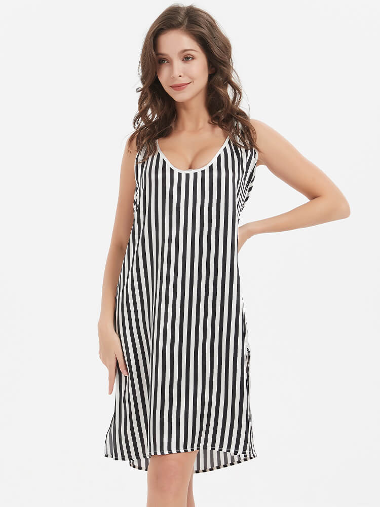 22 Momme Black And White Striped Silk Chemise Nightgown