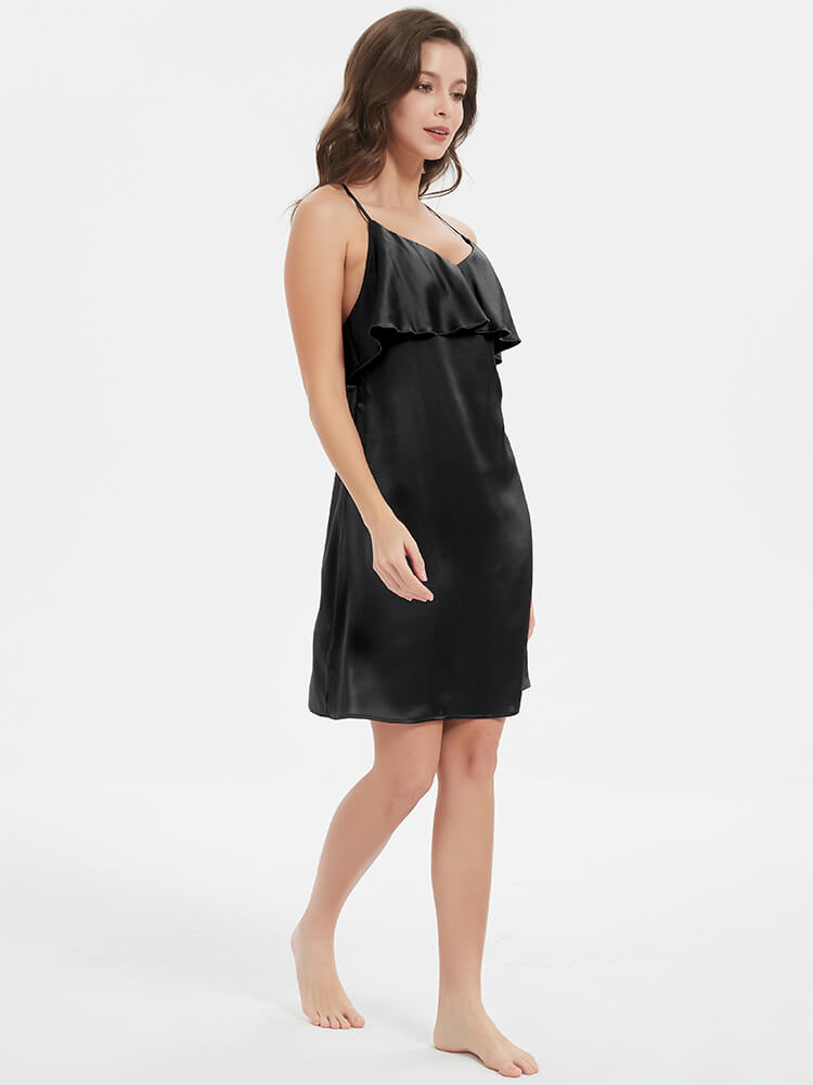 22 Momme Sexy Blackless Ruffled Silk Slip Nightgown