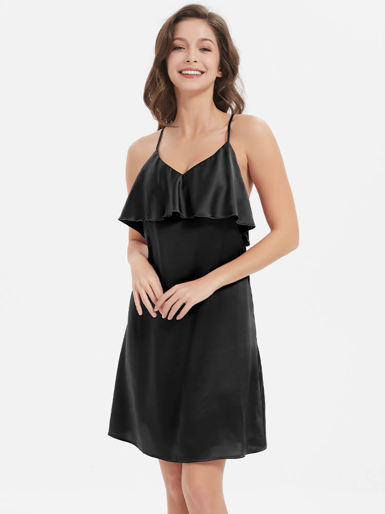 22 Momme Sexy Blackless Ruffled Silk Slip Nightgown
