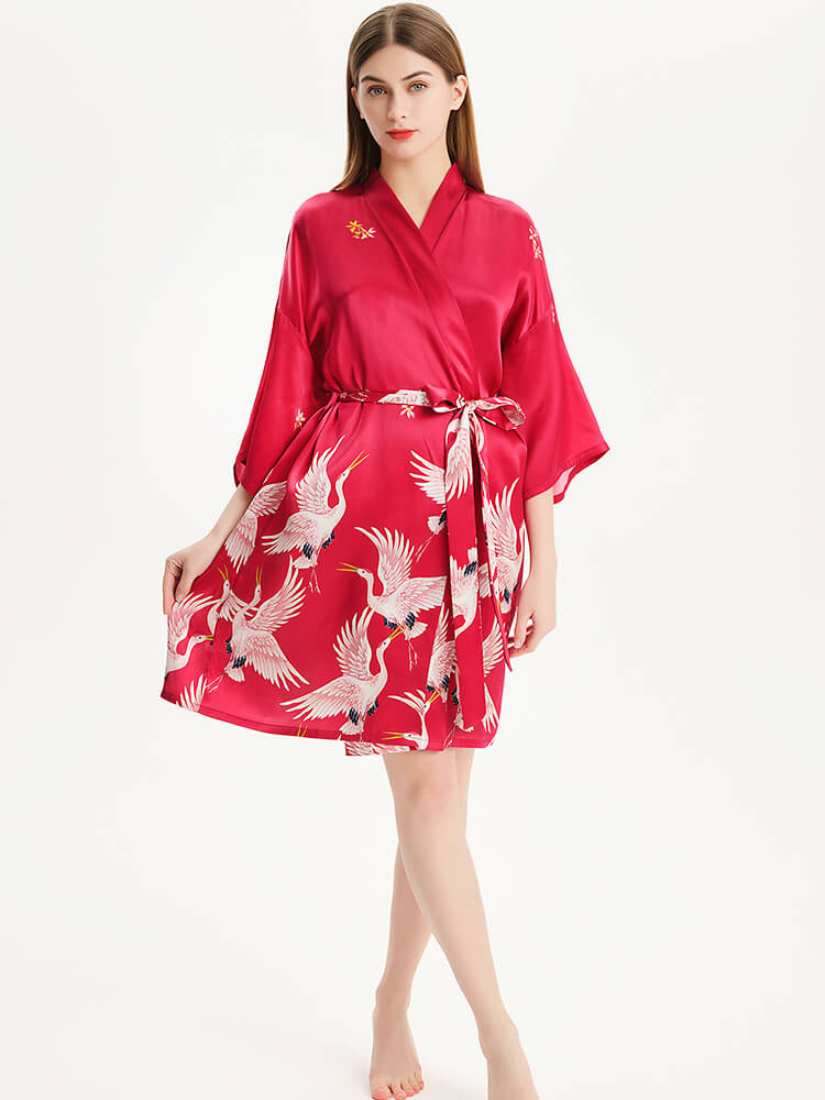 Hand Painted Red Crane Short Silk Kimono Robe