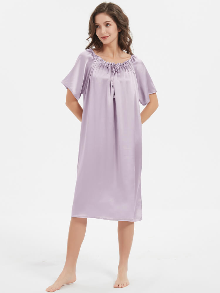 22 Momme  Short-sleeve Ruched Silk Nightgown For Women