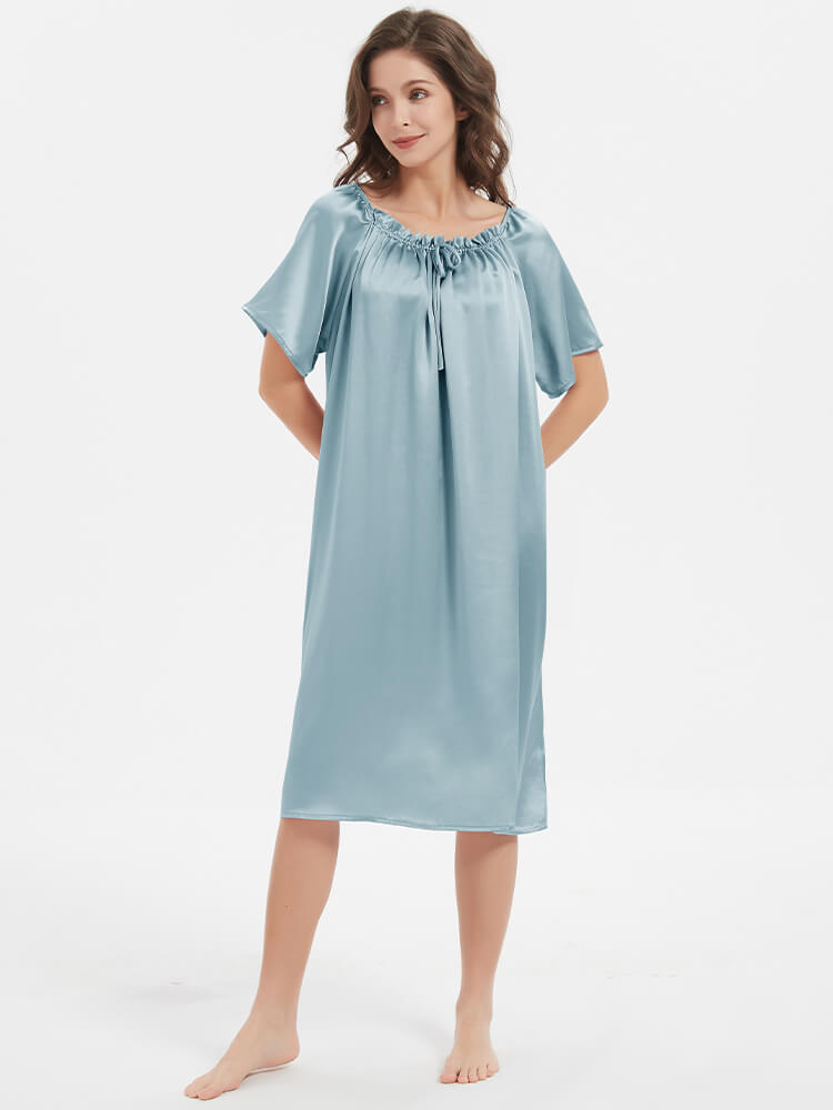 22 Momme  Short-sleeve Ruched Silk Nightgown For Women