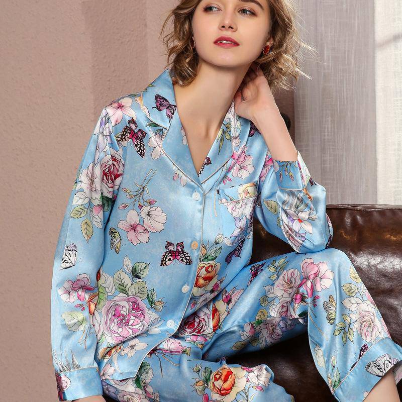 Luxuriöses Damen-Pyjama-Set aus Maulbeerseide, langes Seidenpyjama mit Schmetterlingsdruck für Damen
