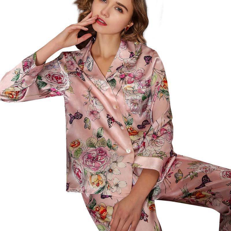 Luxuriöses Damen-Pyjama-Set aus Maulbeerseide, langes Seidenpyjama mit Schmetterlingsdruck für Damen