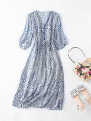 Paisley Print Puff Sleeves Silk Midi Dress with Elastic Waist