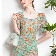 Square Neck Floral Silk Dress with Puff Sleeves
