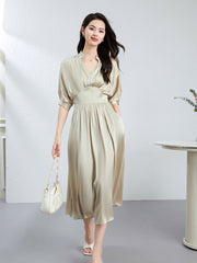 V-Neck Elegant Women's Summer Silk Maxi Dress with Pockets