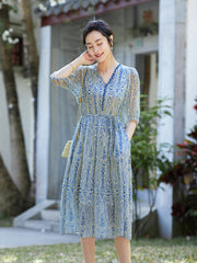 Paisley Print Puff Sleeves Silk Midi Dress with Elastic Waist